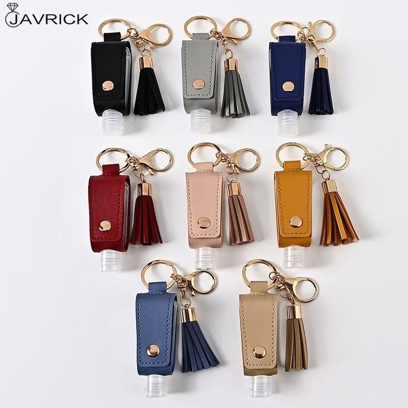 30ml Portable Empty Leakproof Plastic Travel Bottle for Hand Sanitizer with Tassels Leather Keychain Holder Carriers