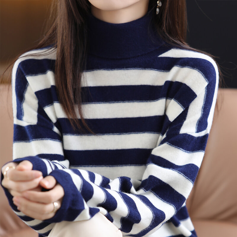 Herbst Und Winter Neue High Neck Pullover Frauen Lose Dünne Gestreifte Gestrickte Pullover Dicken Iong-Ärmeln Koreanische Version Von