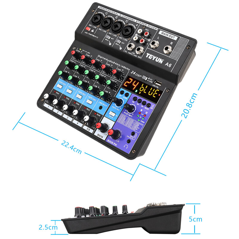 Wireless 6-Channel Audio Mixer Portable Sound Mixing Console USB Interface Computer Input 48V Phantom Power Monitor for Input