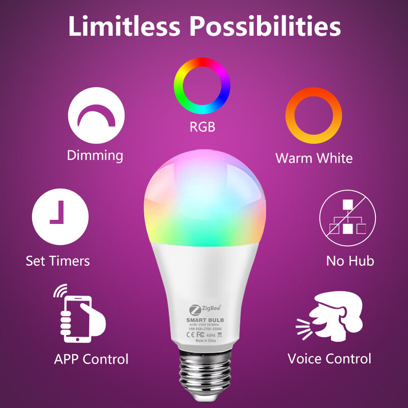 Zigbee – ampoule Led E27 18W, lampe Led RGB + CW + WW 12W 15W, application Tuya Smart Life, nécessite une passerelle, fonctionne avec les appareils WiFi intelligents
