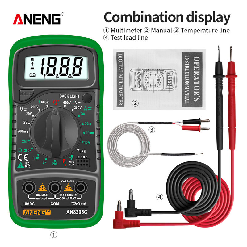 ANENG-Multímetro digital AN8205C, amperímetro, CA/CC, voltios y ohmios, multímetro con retroiluminación, LCD, termopar portátil