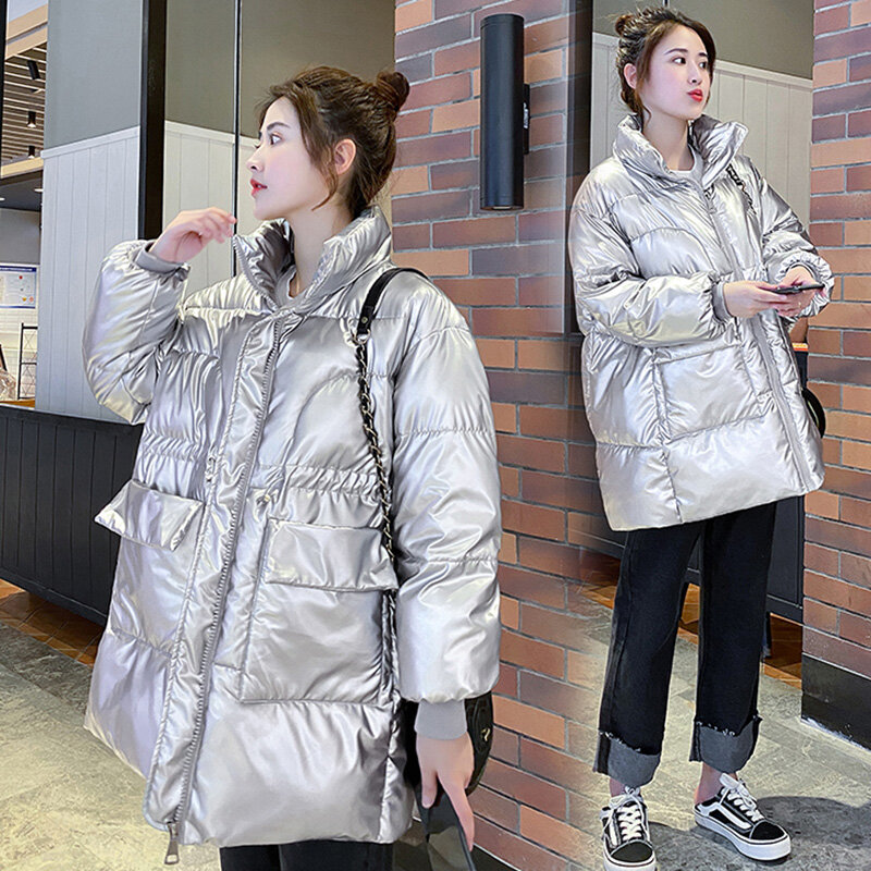 Parkas de tela brillante a la moda para mujer, chaquetas cálidas a prueba de viento, prendas de vestir, chaqueta de nieve, S-XL, invierno, 2021