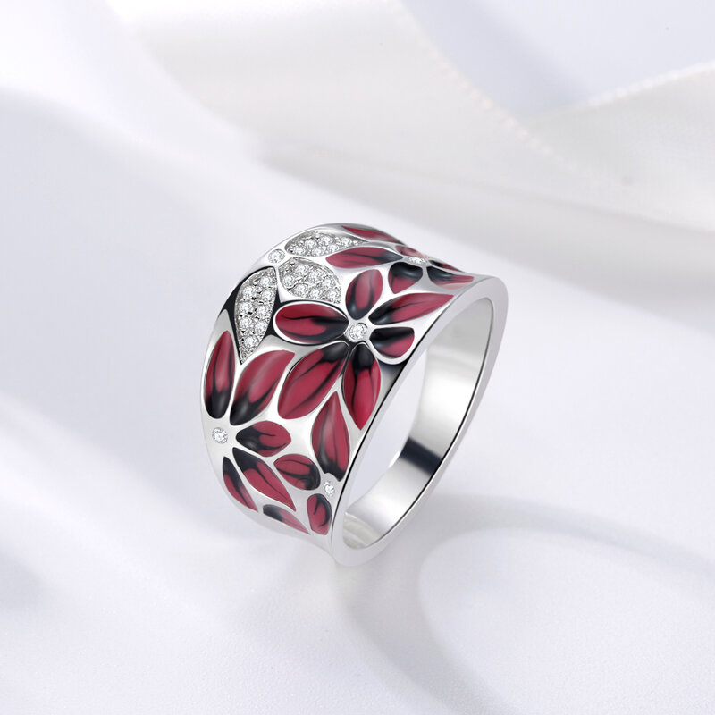 OGULEE Neue 925 Sterling Silber Ringe für Frauen Elegante Trendy Schmuck Rot Emaille und Shiny Zirkon Finger Ringe Jahrestag Geschenke