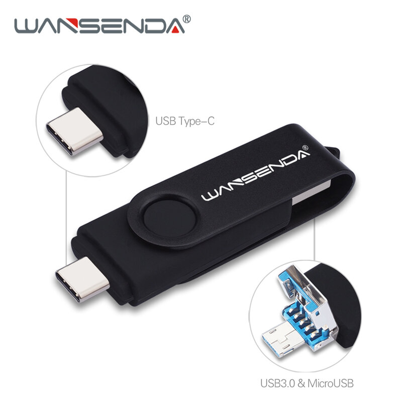 Wansenda-pen drive 3 em 1, otg, memória flash, 512 gb, usb 256 tipo c/micro usb, android 3.0, 64 gb, 32 gb