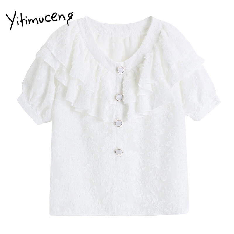 Yitimuceng floral blusa feminina botão para cima babados rendas camisas puff manga branca roupas 2021 verão moda nova chiffon topos