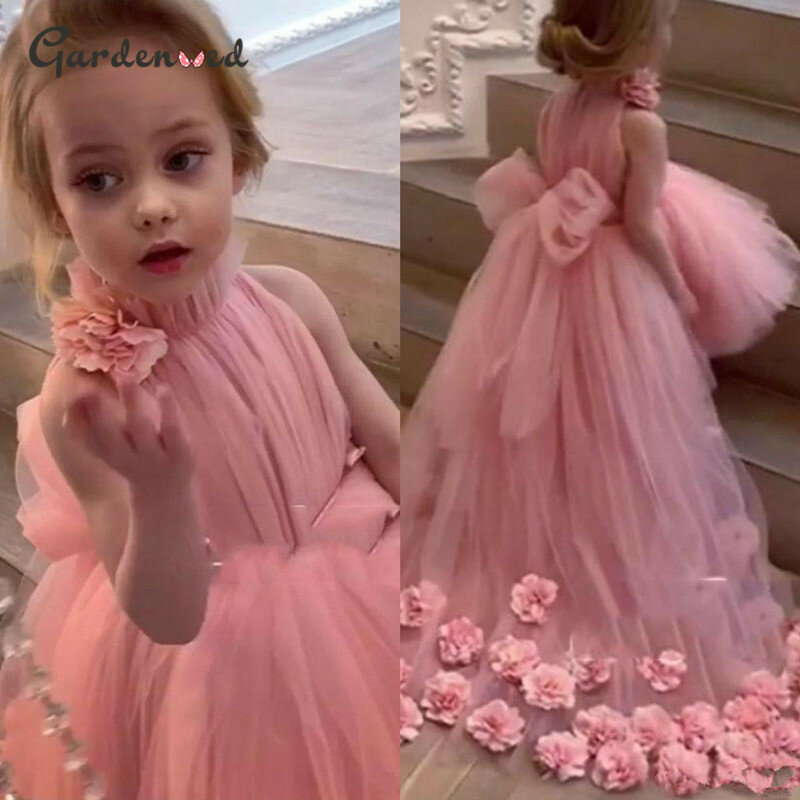 Indah Bola Gaun Bunga Gadis Gaun untuk Pesta Pernikahan Gaun Tinggi Rendah Tulle Anak Ulang Tahun Putri Gaun