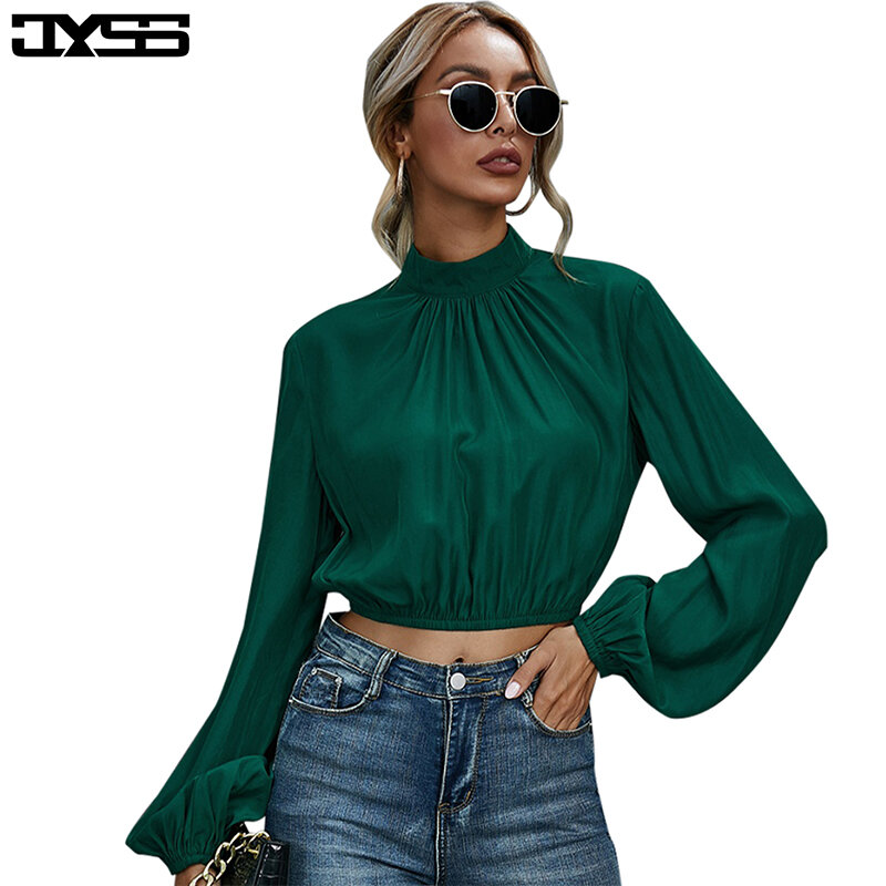 JYSS vintage women blouses green pleated bluzka damska o neck collar short blouses female thin tops blouse 82279
