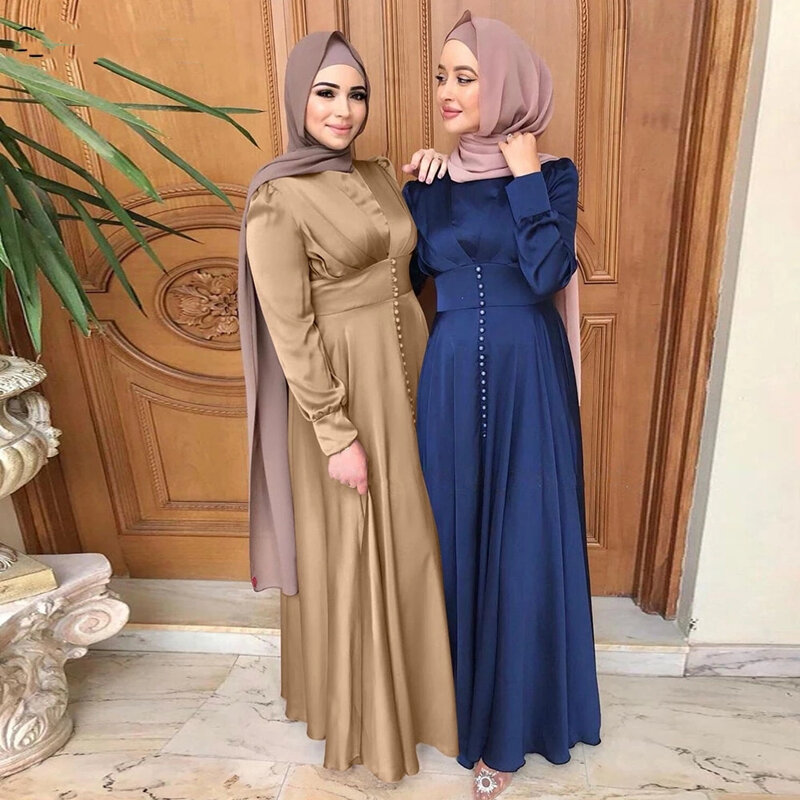 Satynowa sukienka Turban kobiety 2021 nowa Ramadan Eid Mubarak elegancka jednolita kolorowa wąska talia huśtawka arabska turecka islamska odzież