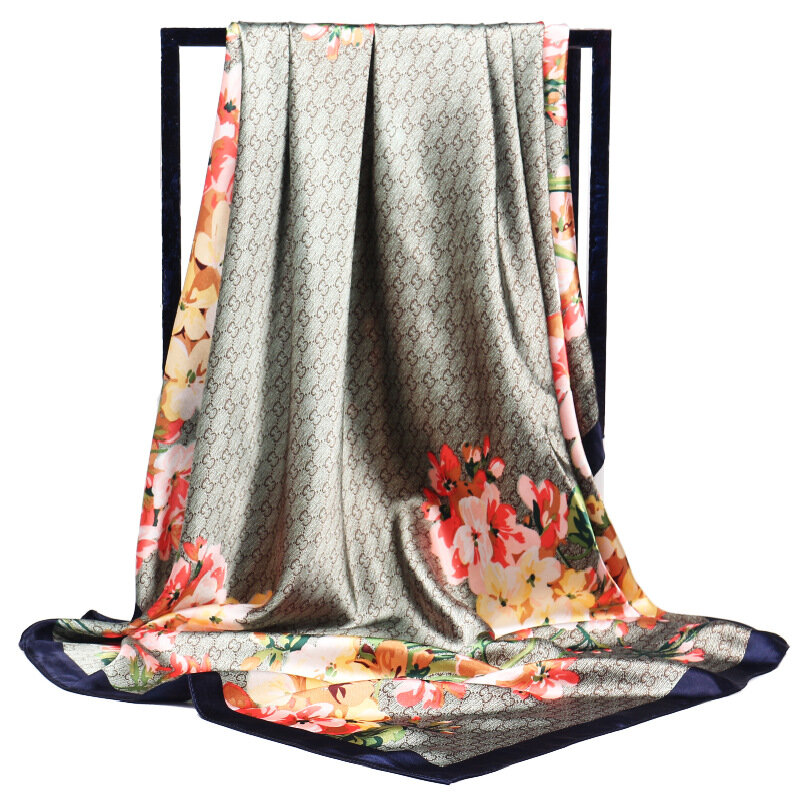 Foulard en soie et satin à imprimé de fleur pour femmes, en forme de carré, accessoire de marque, luxueux pour dames, pour hijab, 90x90 cm