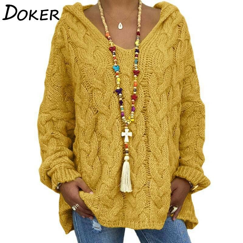 Hooded Long Sleeve Pullover Sweater Women Winter Solid Color Plus Size Loose Knitted Sweater Vintage Criss-cross Jumper Tops