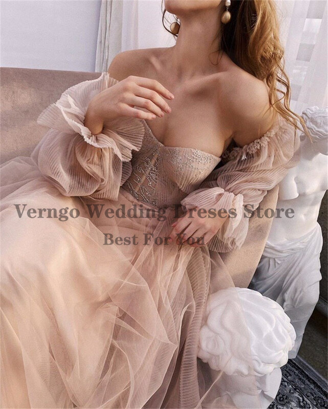 Verngo Dusty Pink Tulle A Line Sweetheart Wedding Dress With Detachable Puff Long Sleeves Garden Country 2021 Bridal Gowns