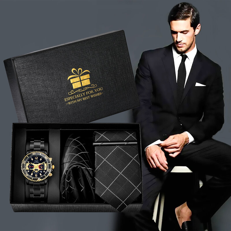 Relógio masculino requintado gravata lenço quadrado kit liga banda relógios de quartzo calendário de negócios casual relógio de pulso presente de aniversário de casamento