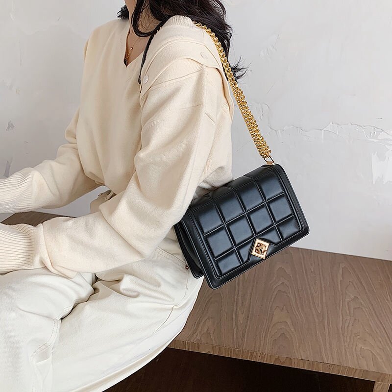 레트로 PU 가죽 격자 무늬 패션 숄더백 여성용, 크로스 바디 핸드백 격자 무늬 체인 단색 럭셔리 가방