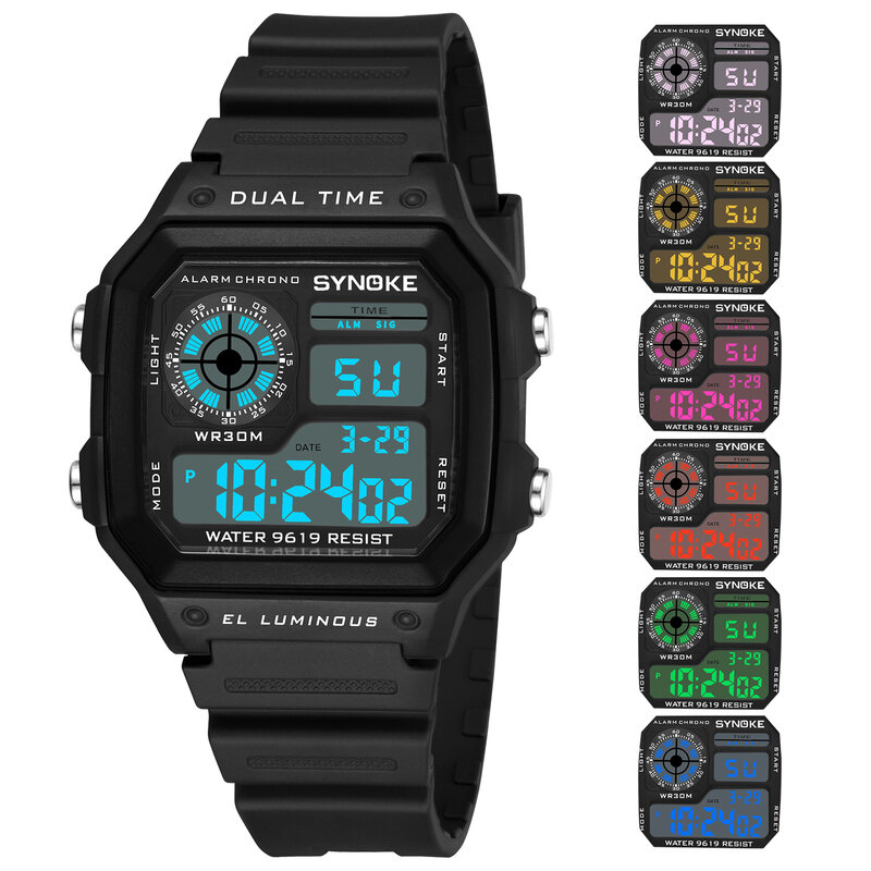 Synoke男性スポーツデジタル腕時計超薄型led防水クロノグラフリピータレロジオmasculino男性電子腕時計
