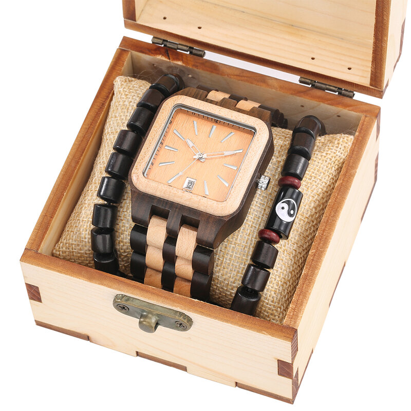 الرجال خشبية ساعة حركة من كوارتز خمر سوار مُزين بالخرز طقم هدايا مع مربع مربع ساعة العتيقة الخشب حزام ساعة اليد للذكور