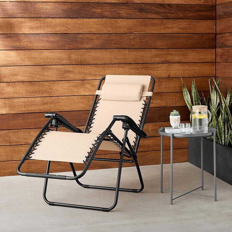 Silla de salón reclinable plegable de gravedad cero para exteriores, sillón ajustable de Textilene con almohada, color Beige