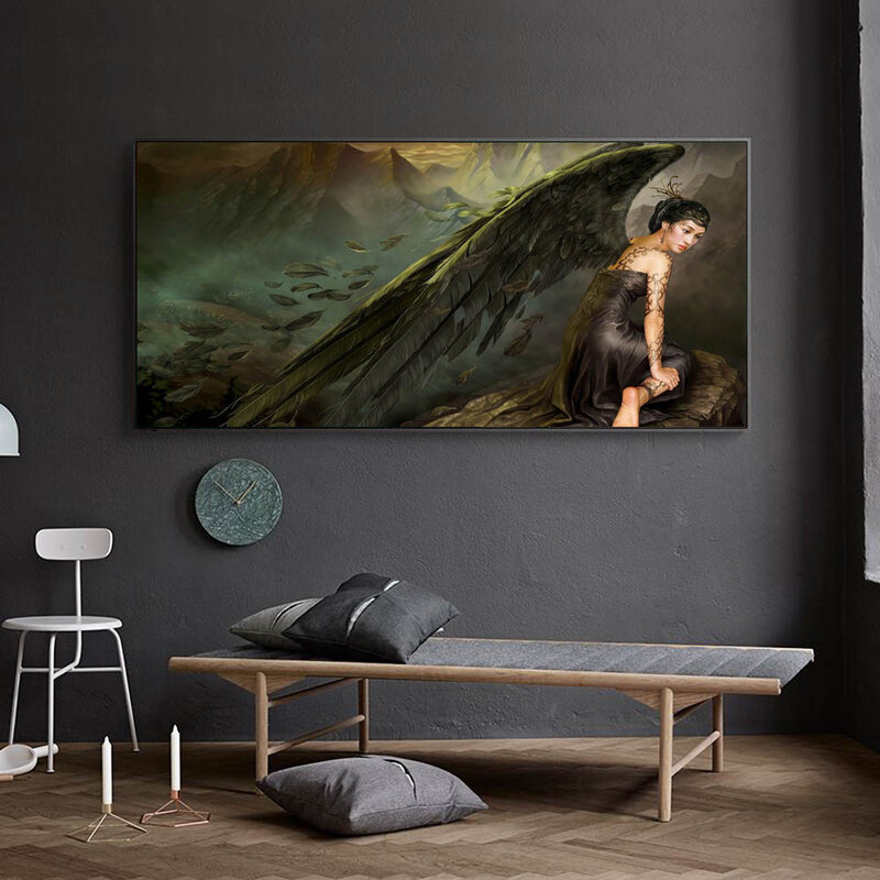 Animation oil painting black wings goddess art canvas painting living room corridor office home decoration mural