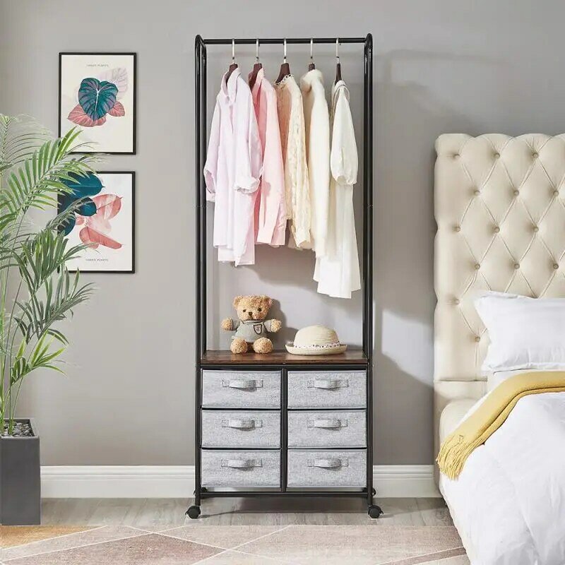 Beweglichen Einfache Kleiderschrank Multi-funktion Gehäuse Aufhänger Mit Braun Floral Platte Sechs-grid Pull Schlafzimmer Wohnzimmer Lagerung rack HWC