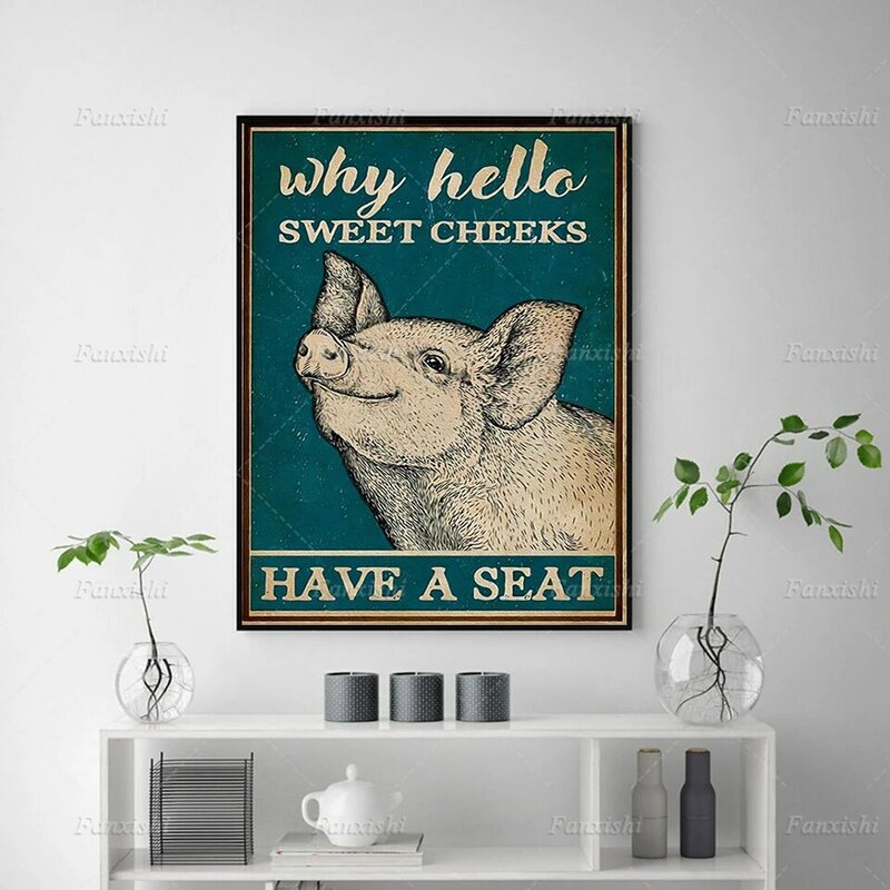 Pig Why Hello Sweet Checks Have A Seat Poster Animal Wall Art Canvas Prints Nordic Retro Painting Pictures Toilet Bathroom Decor