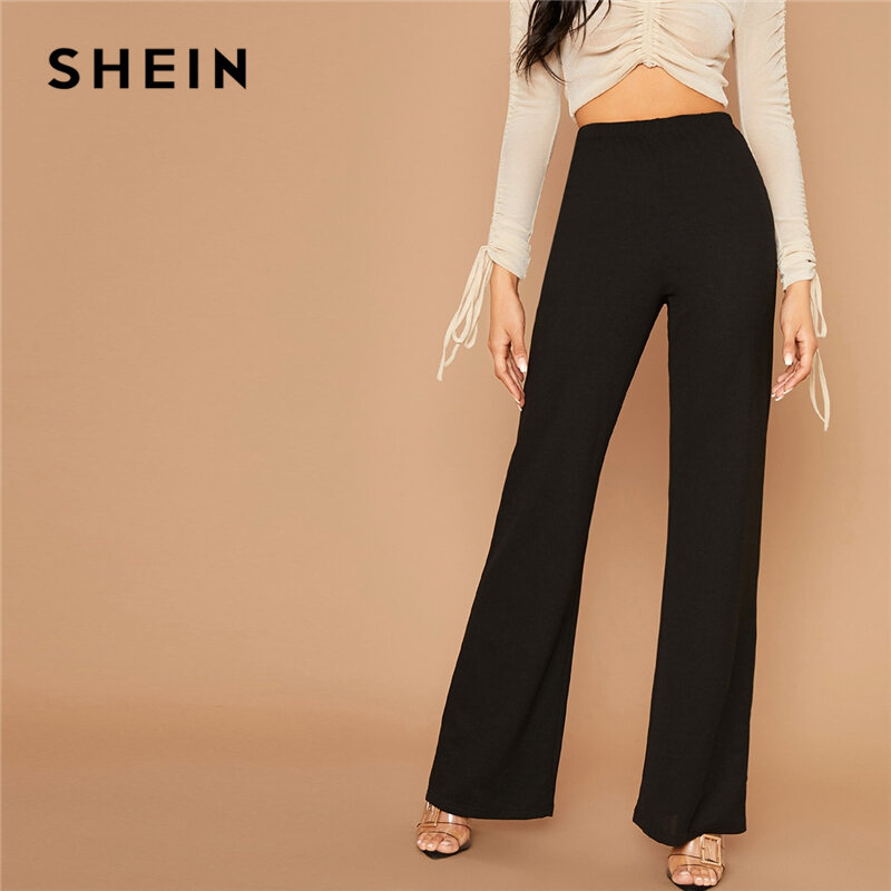 Shein calça preta elegante para mulheres, calça elástica de cintura alta  para outono e escritório, feminina / Calças e capri