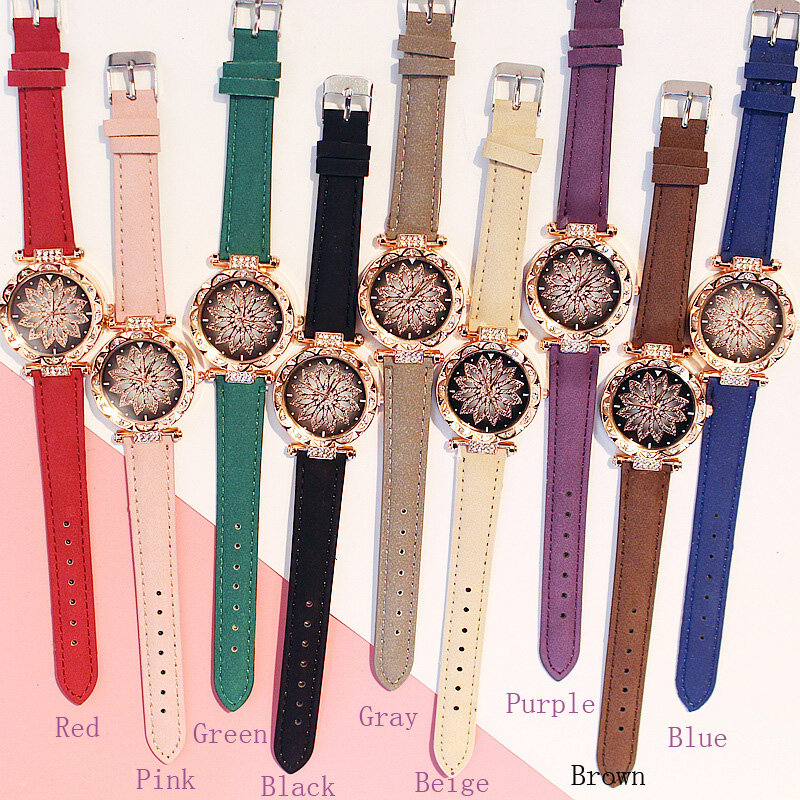 Relógios luxuosos para mulheres, conjunto de pulseiras com céu estrelado, para moças, pulseira de couro, casual, quartzo, relógio de pulso