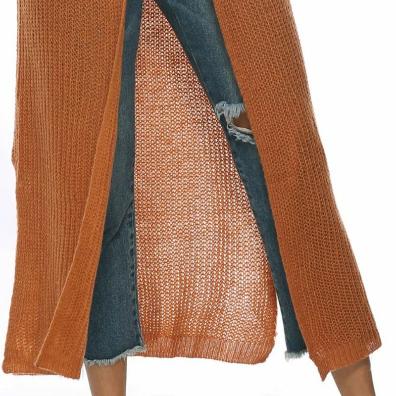 Suéter feminino manga comprida aberta, casaco longo maxi divisão lateral cor sólida suéter de malha irregular justo com bolsos grandes