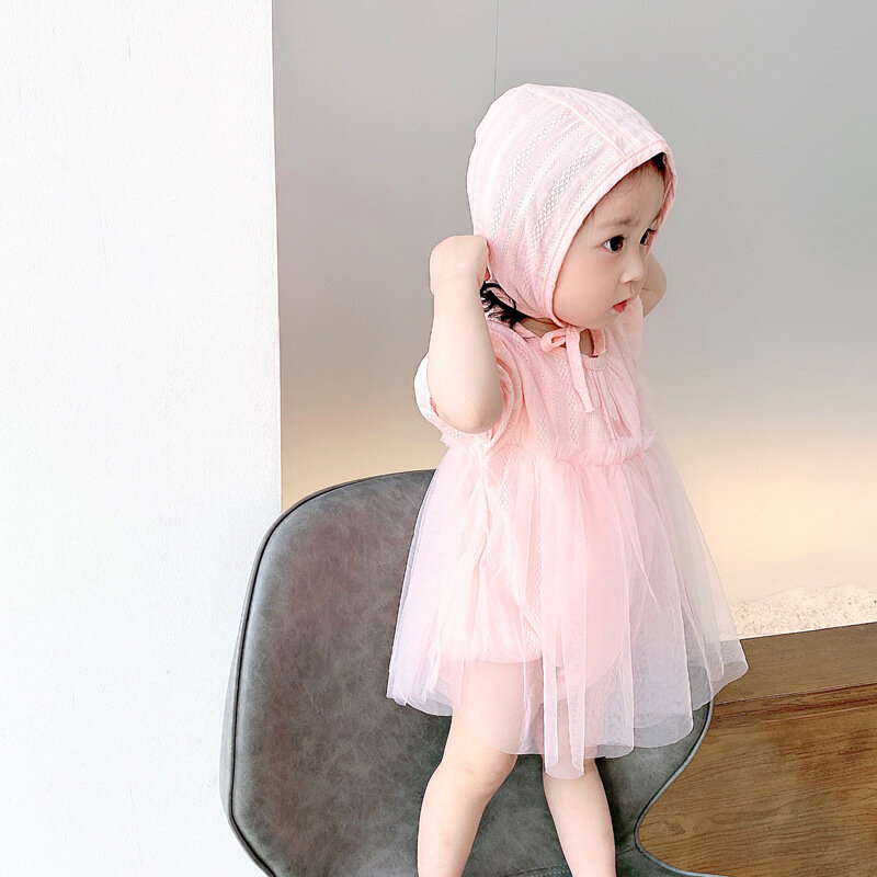 Yg 브랜드 아동 의류 2021 여름 베이비 메쉬 드레스 면화 기는 모자 두 조각 아기 양복