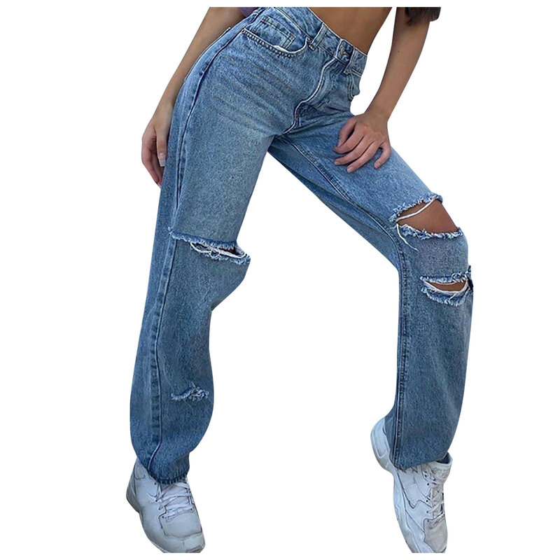 Jeans rasgado feminino cor sólida, jeans de cintura alta solto com bolso, rasgado, 2021