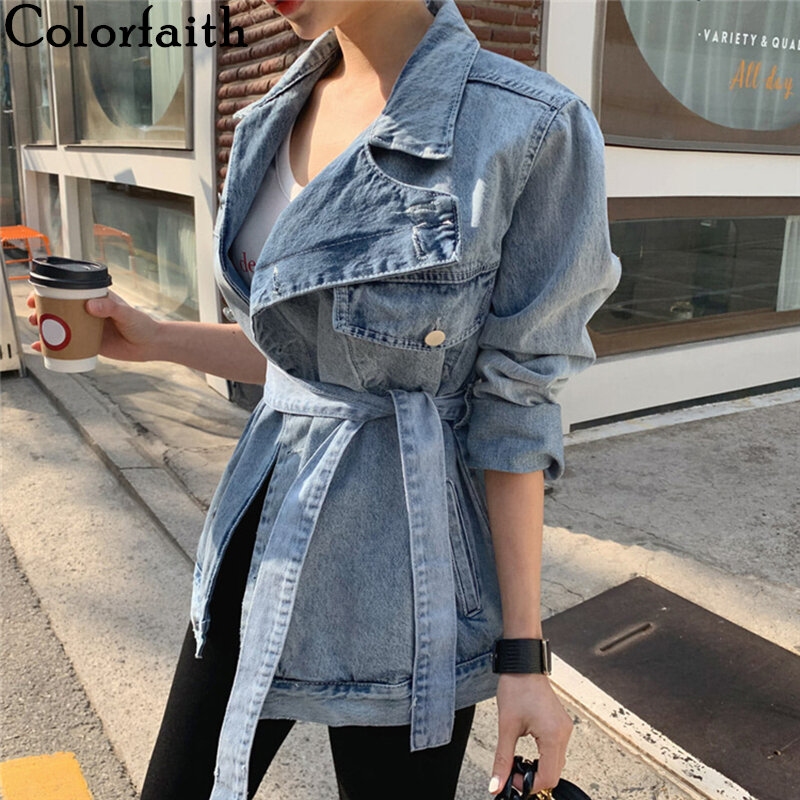 Colorfaith New 2021 Spring Autumn Women's Denim Jeans Jackets Casual Turn-down Collar Sashes Streetwear Asymmetrical Tops JK6775