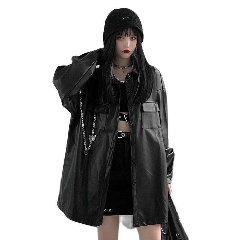 Japanse Casual Vrouwen Losse Lederen Moto Jasje Koreaanse High Street Coat Chic Streetwear Lange Mouwen Zwart Tops