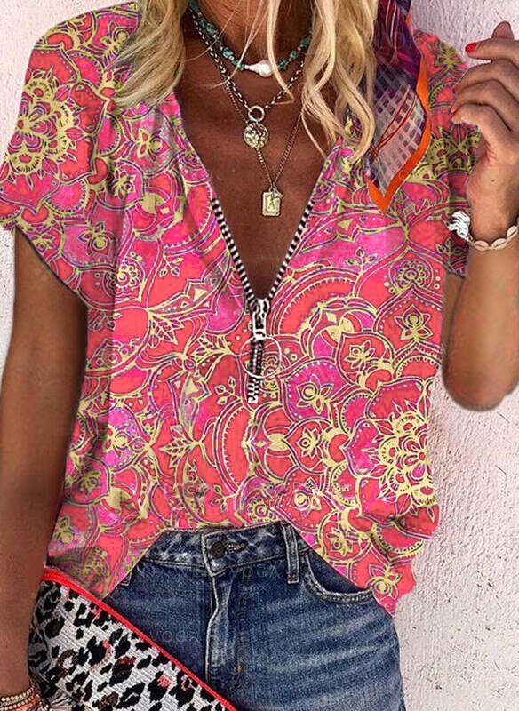 Blusa holgada informal de manga corta con cremallera para verano, camisa con estampado Vintage para mujer, cuello en V, 2021