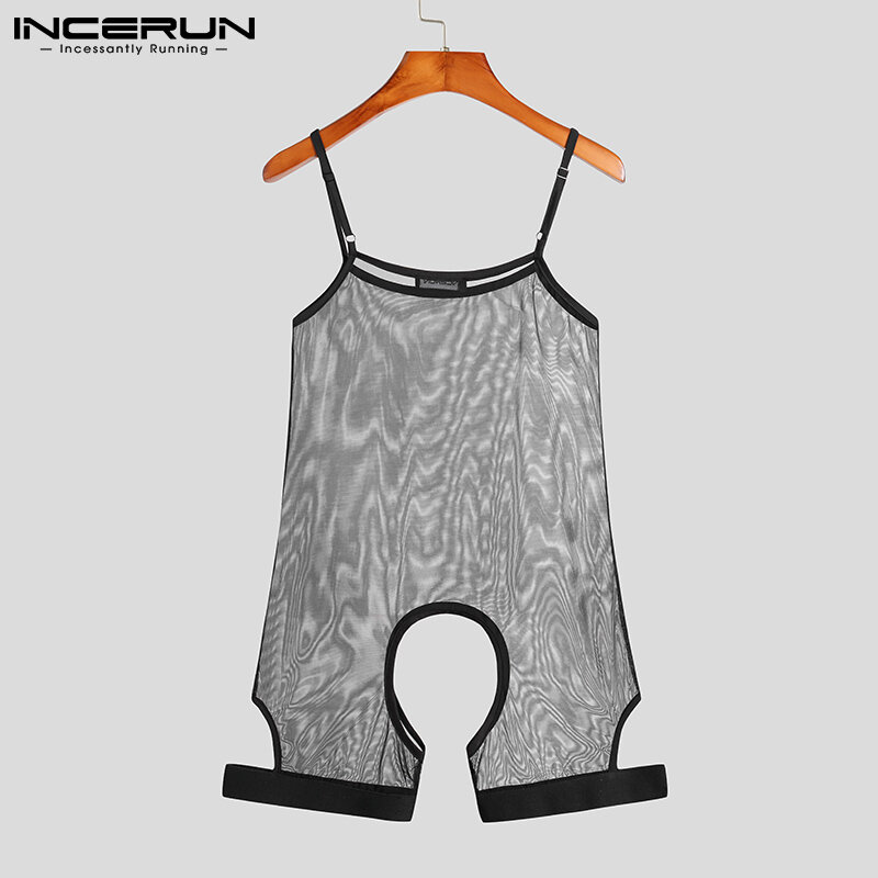 Sexy Leisure Comfortable Homewear INCERUN Men Solid Breathable Mesh Jumpsuit Hot Sale Leaky Sling Sleeveless Bodysuit S-5XL 2022