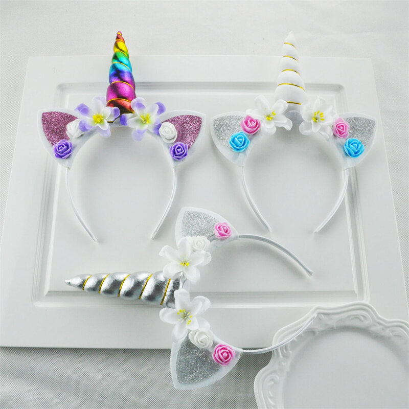 Moda unicórnio mágico bandana doce flor unicórnio chifre faixa de cabelo festa de aniversário flor headwear para crianças como presente