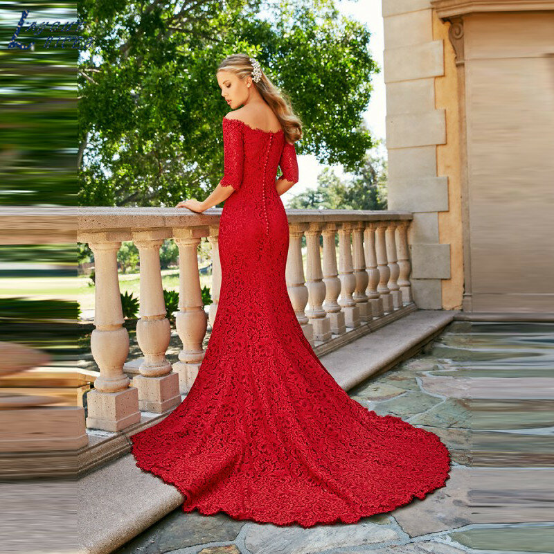 LAYOUT NICEB Charming Red Mermaid Lace Evening Dresses with Off Shoulder 3/4 Sleeves Bateau Neck Bridal Gowns Court Train 2022