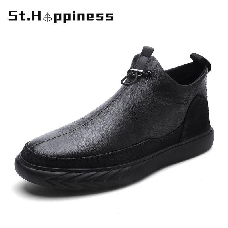 KATESEN New Men Ankle Boots Genuine Leather Man Casual Boots Cow Leather Winter With Fur Warm Male Shoes Black Chelsea Boots