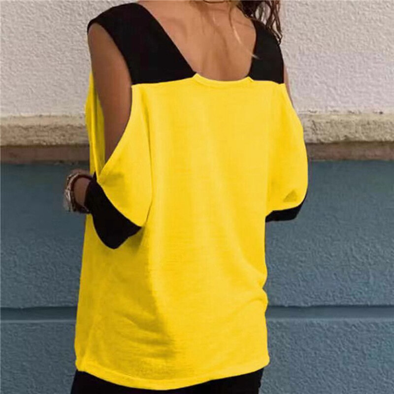 Damska patchworkowa koszulka z odkrytymi ramionami 5XL Plus rozmiar topy dekolt w serek pół rękawa koszulka damska letnia koszulka na co dzień dla kobiet