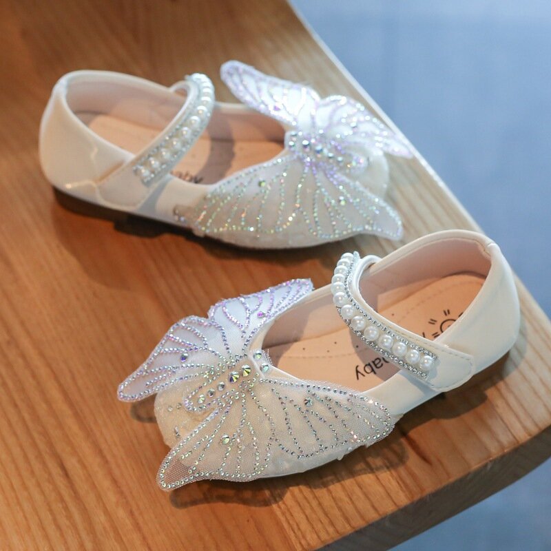 Zapatos de piel para bebés y niñas, calzado individual con cuentas de actuación de fiesta, de otoño, mariposa, diamantes de imitación con perla ostentosa
