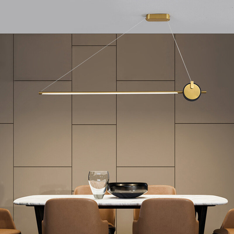 LED Nordic Restoran Arie untuk Meja Makan Toko Kantor Lampu Emas Hitam Tubuh Liontin Cahaya Strip Panjang Dekorasi Rumah Lampu Gantung