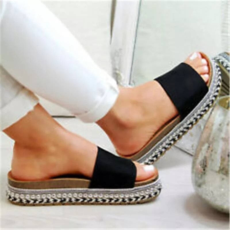 2021 New Women's Shoes Solid Color Imitation Suede Simple Open-toe Flat-heeled Platform Trim Fashion Casual Sandals 1KB075