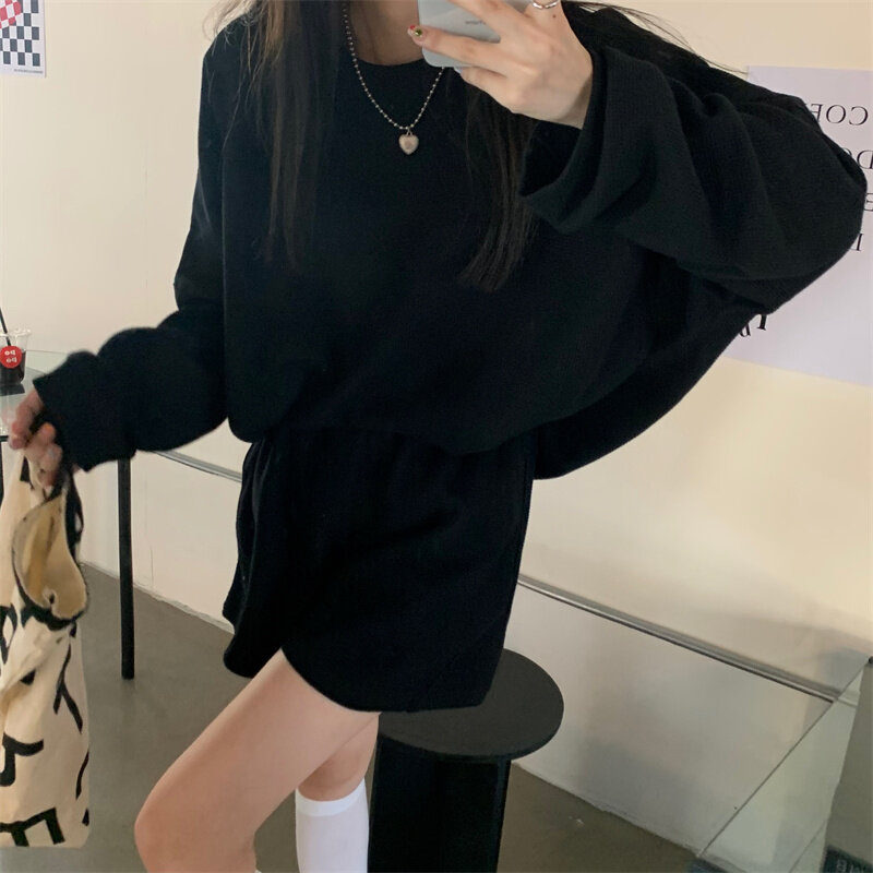 Women Spring Autumn Hooded Tracksuit Two Piece Set Solid Casual Outfits Female Oversized T-Shirt Pullover Sporting Shorts Setup