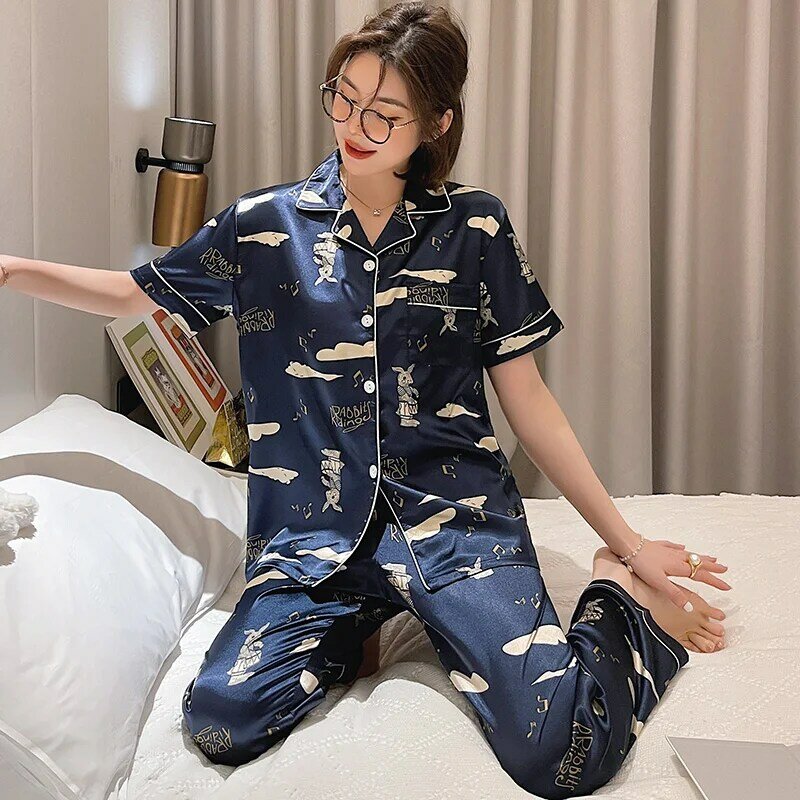 Drumming coelho pijamas para mulheres verão cardigan gelo manga curta calças terno de seda artificial fina homewear primavera e
