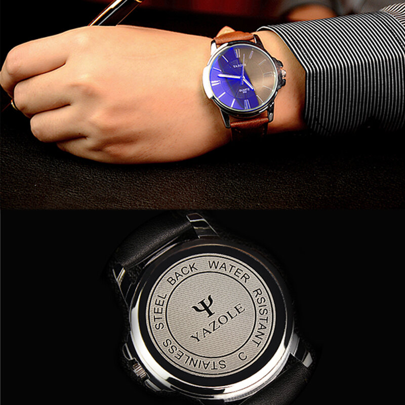 Роскошные Брендовые мужские кварцевые часы YAZOLE, мужские деловые часы, мужские Модные часы с ремешком из ПУ кожи и синим лучом, мужские часы ...