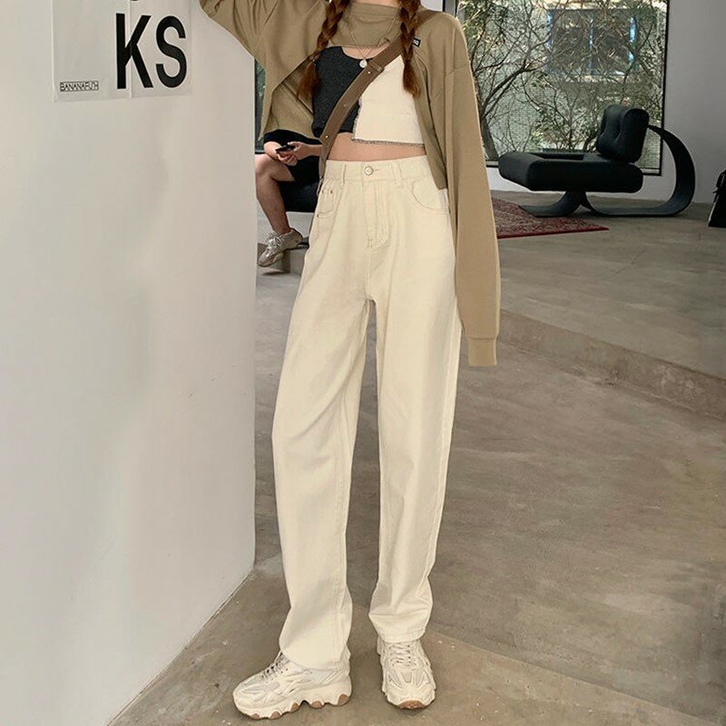 Spring Women Jeans Straight Trousers Vintage High Waist All-match Loose Denim Pants Retro Loose Trousers Full-length Jeans