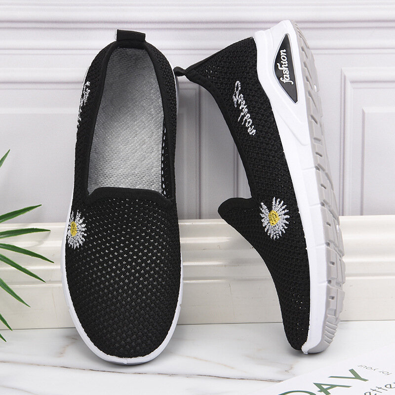 الصيف النساء حذاء مسطح 2021 جديد تحلق الحياكة أحذية موضة الزهور أحذية رياضية كسول أحذية النساء شبكة احذية الجري حذاء كاجوال
