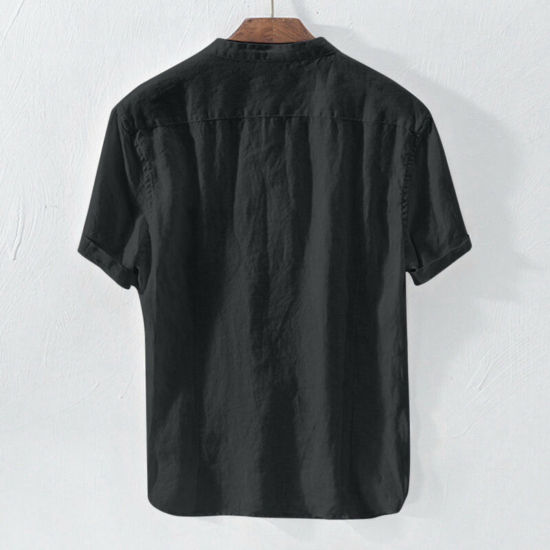 メンズ半袖リネンとコットンのサマーシャツ,レトロスタイル,無地,バックジッパー付き,2021