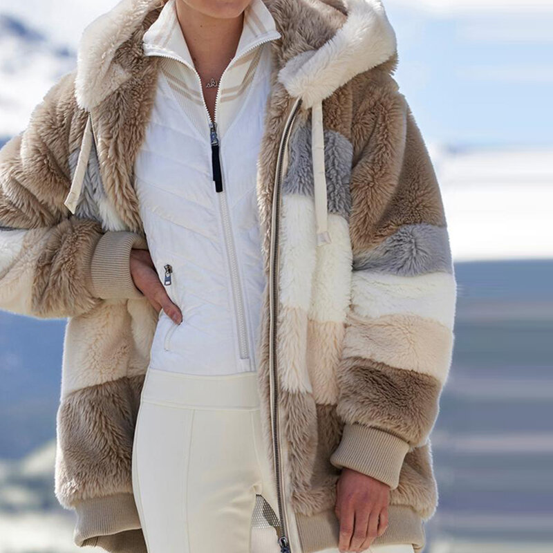 Chaqueta de las mujeres 2021 nuevo caliente felpa Casual chaqueta con capucha suelta Color mezclado de invierno prendas de vestir de piel cremallera Parka abrigo