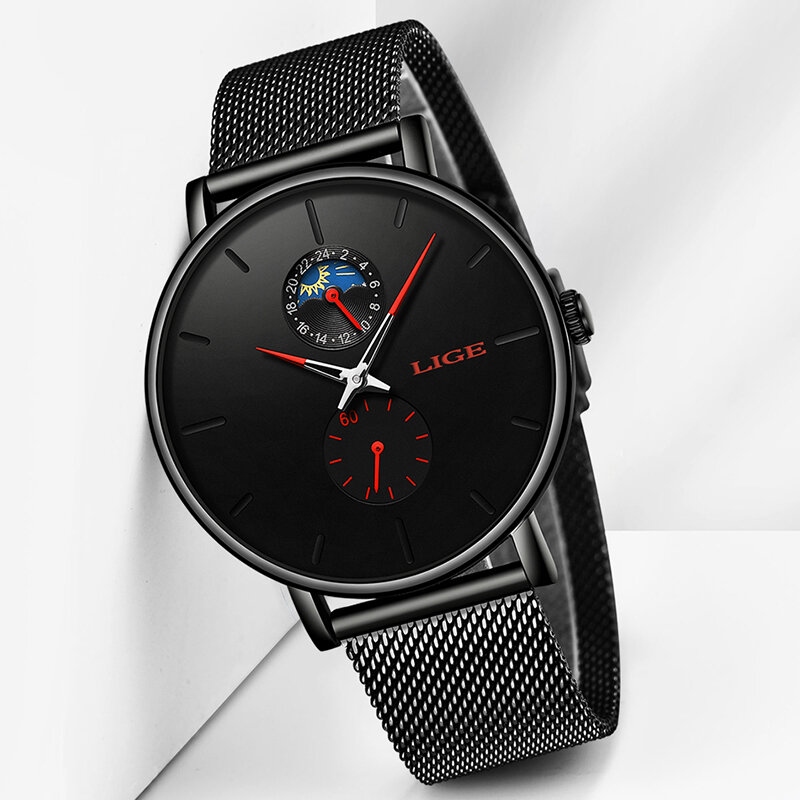 LIGE zegarek kwarcowy mężczyźni na co dzień czerwony wodoodporny zegarek ze stali nierdzewnej Ultra cienkie mężczyzna zegar 24 godziny zegarki Relogios Masculino 2019