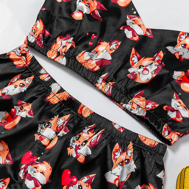 Drukuj Cartoon Fox satynowa piżama kobiety 2 sztuka zestaw animale wzór kobiet Pj zestawy Crop Top bez rękawów gorset Sexy Pijamas szorty