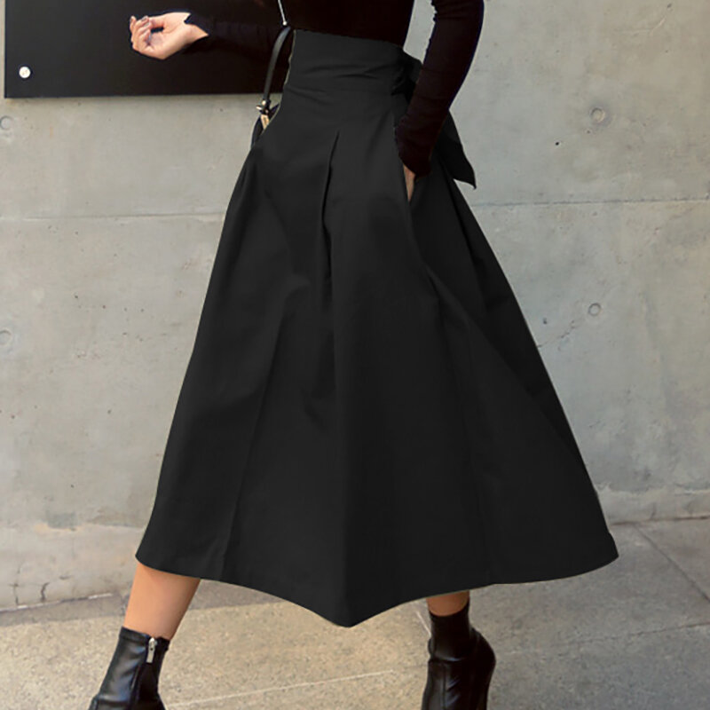 Shintimes – jupe longue à taille haute pour femmes, mode coréenne, couleur unie, grande balançoire, nœud, collection automne 2020
