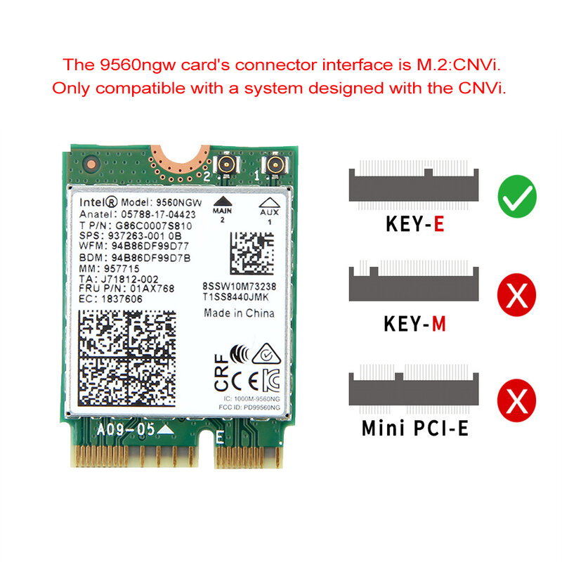 듀얼 밴드 무선, 인텔 9560 AC 9560NGW 1.73Gbps 와이파이 802.11ac 블루투스 5.0 M.2 CNVI Wlan 카드 IPEX4 안테나 Win10